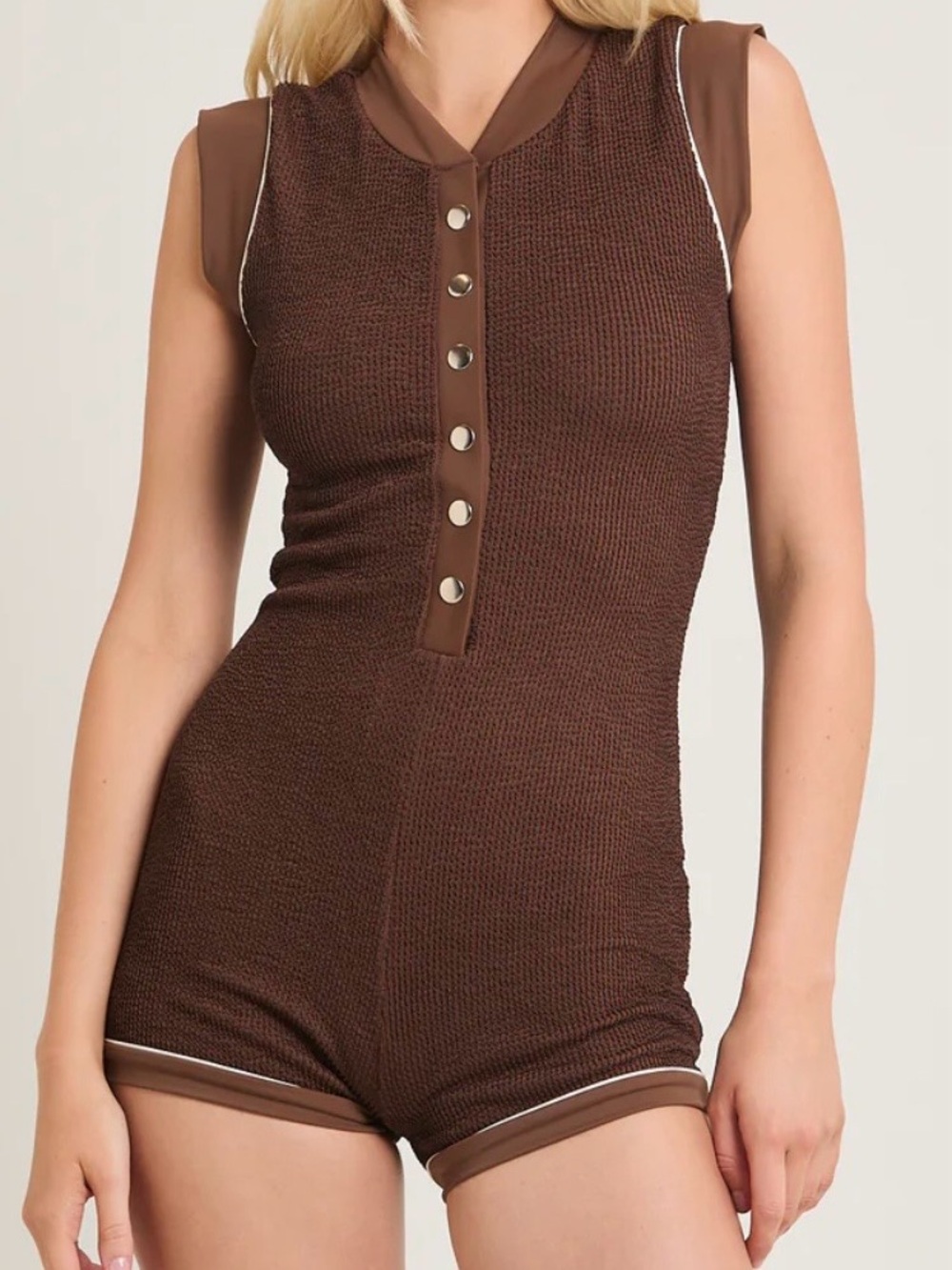 NWT Free People Brown Ribbed Knit Romper with Contrast Trim